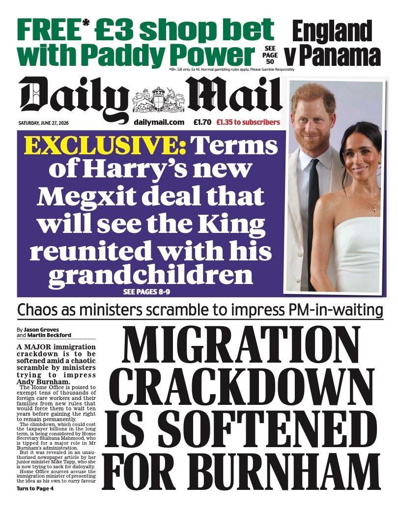 The headline on the front page of the Daily Mail reads: "Migration crackdown is softened for Burnham."