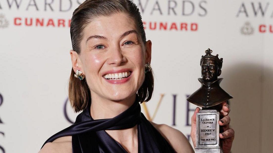Rosamund Pike with her best actress award for Inter Alia at the Olivier Awards in April