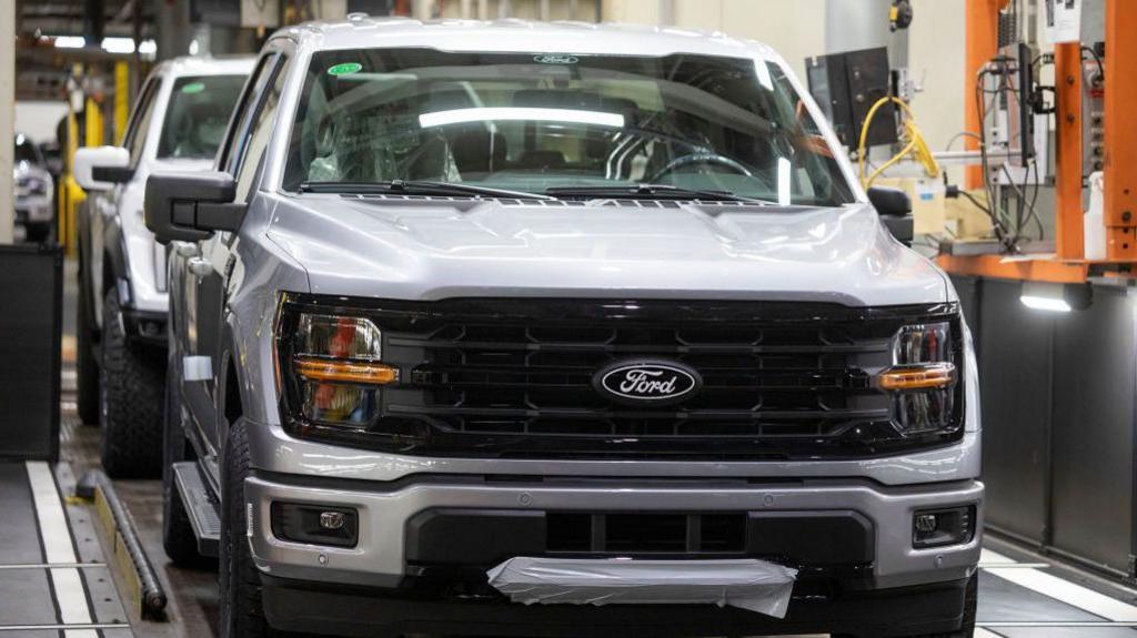 A silver Ford F-150 truck on a production line at the carmaker's Michigan factory.