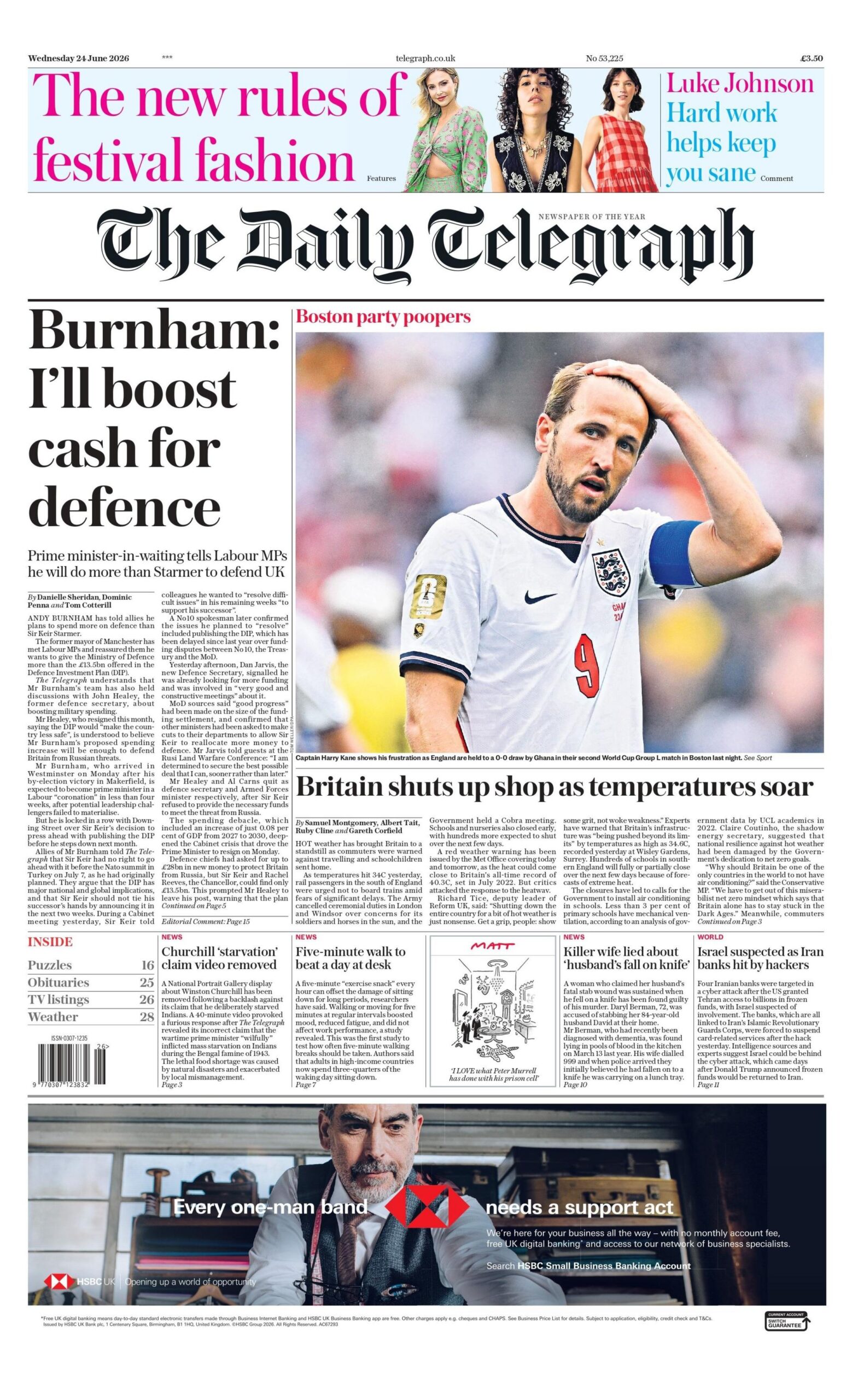 "Burnham: I'll boost cash for defence," reads the headline on the front page of the Daily Telegraph.