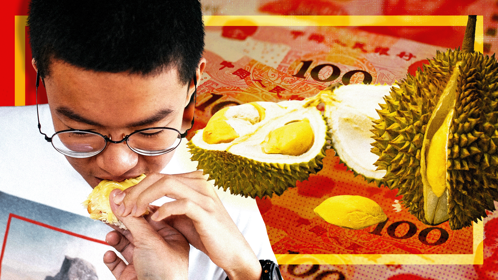 A man wearing glasses takes a bite of durian fruit, big pictures of which can be seen to the side. Behind them is Chinese currency, tinted red.