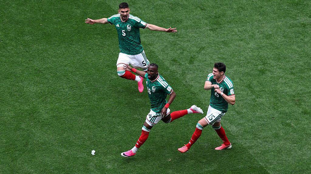Mexico players celebrate scoring the first goal of the 2026 FIFA World Cup at the Estadio Azteca in Mexico City