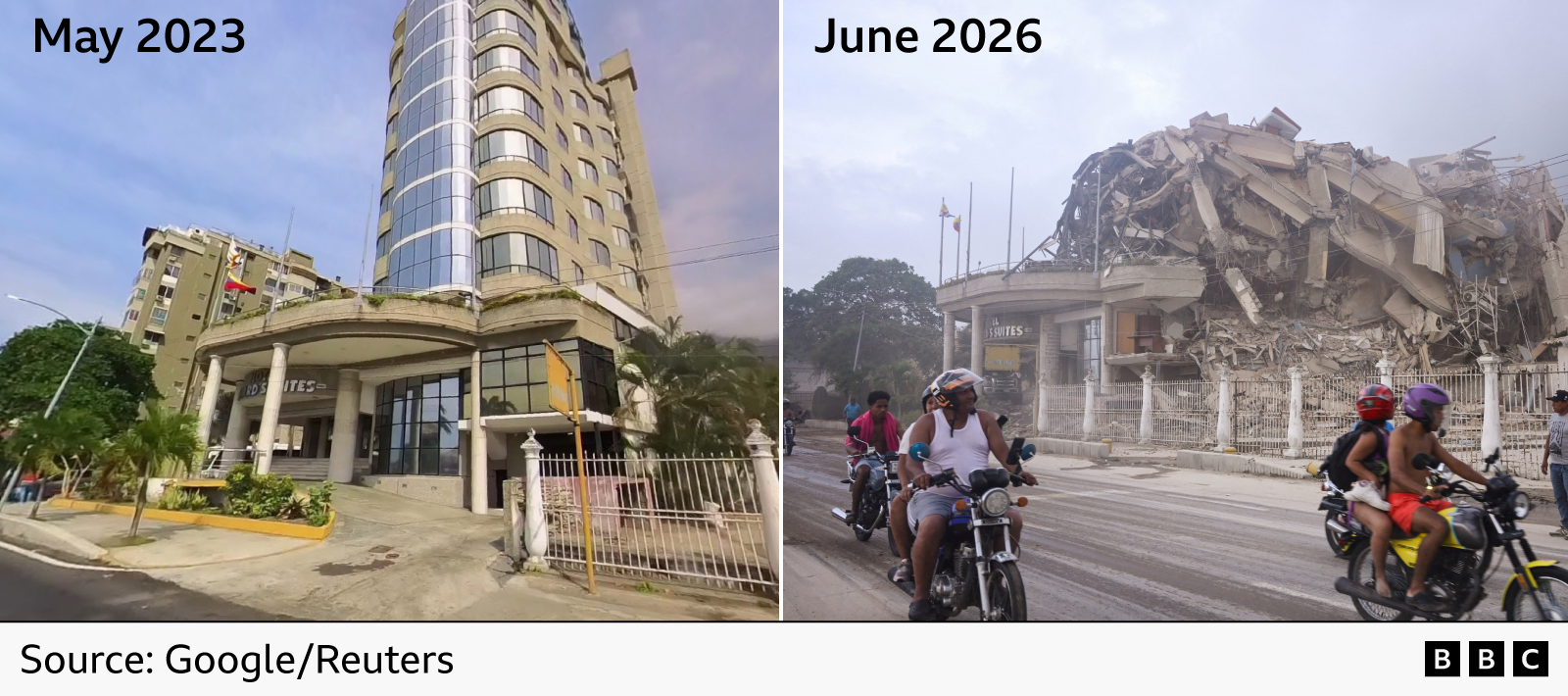 Images of Eduard's Hotel in La Guiara in May 2023, showing the hotel standing, and June 2026 following two earthquakes, in which the building has been reduced to a pile of rubble