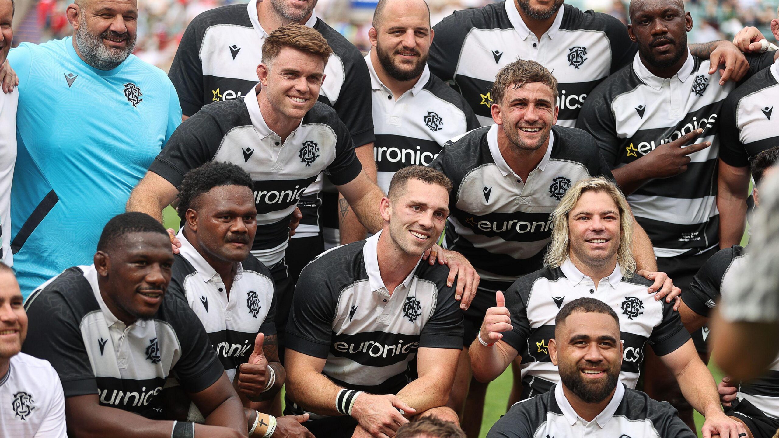 George North, who made his Barbarians debut in his final professional game, poses with his team-mates