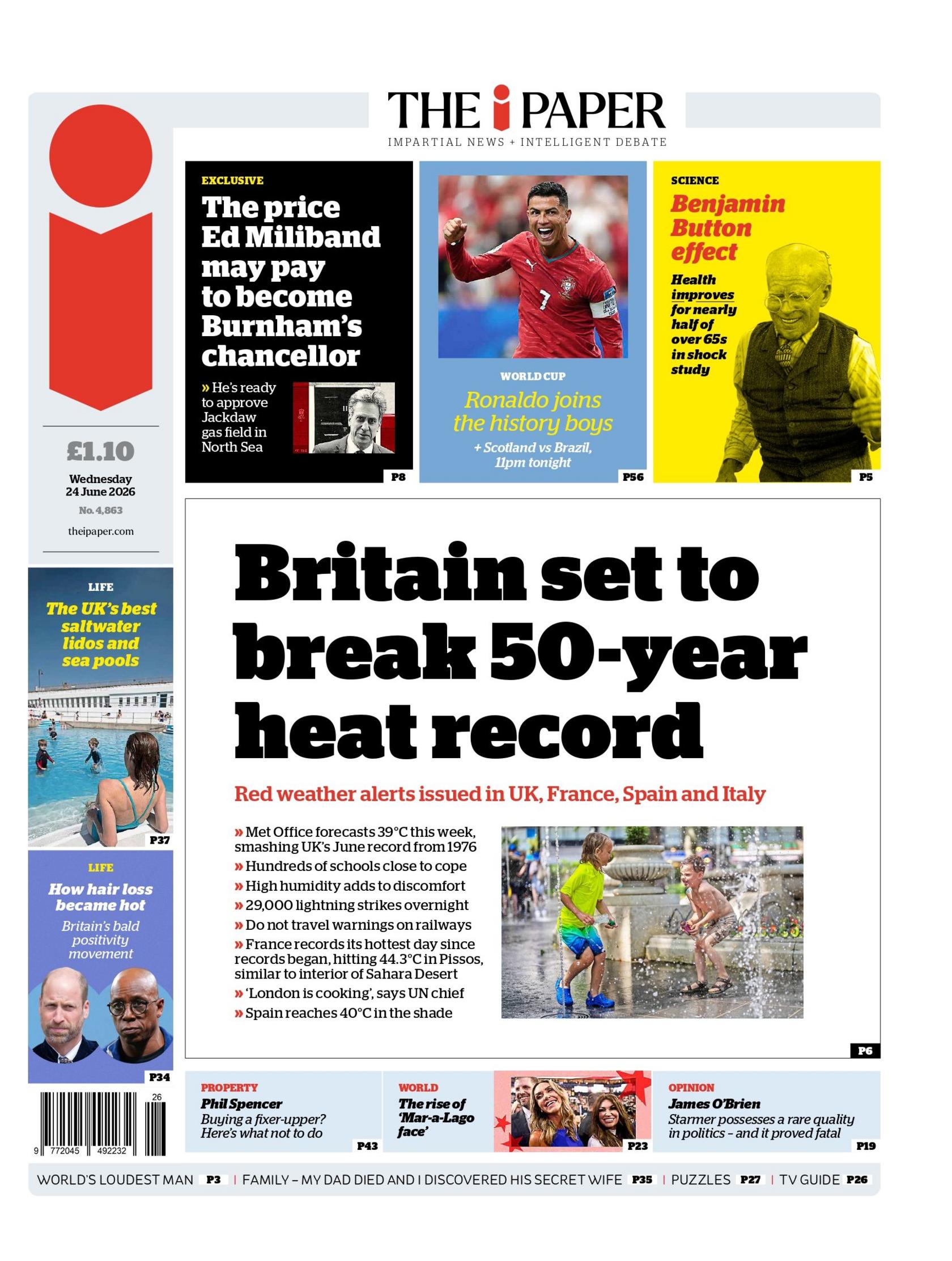 "Britain set to break 50-year heat record," reads the headline on the front page of the i Paper.