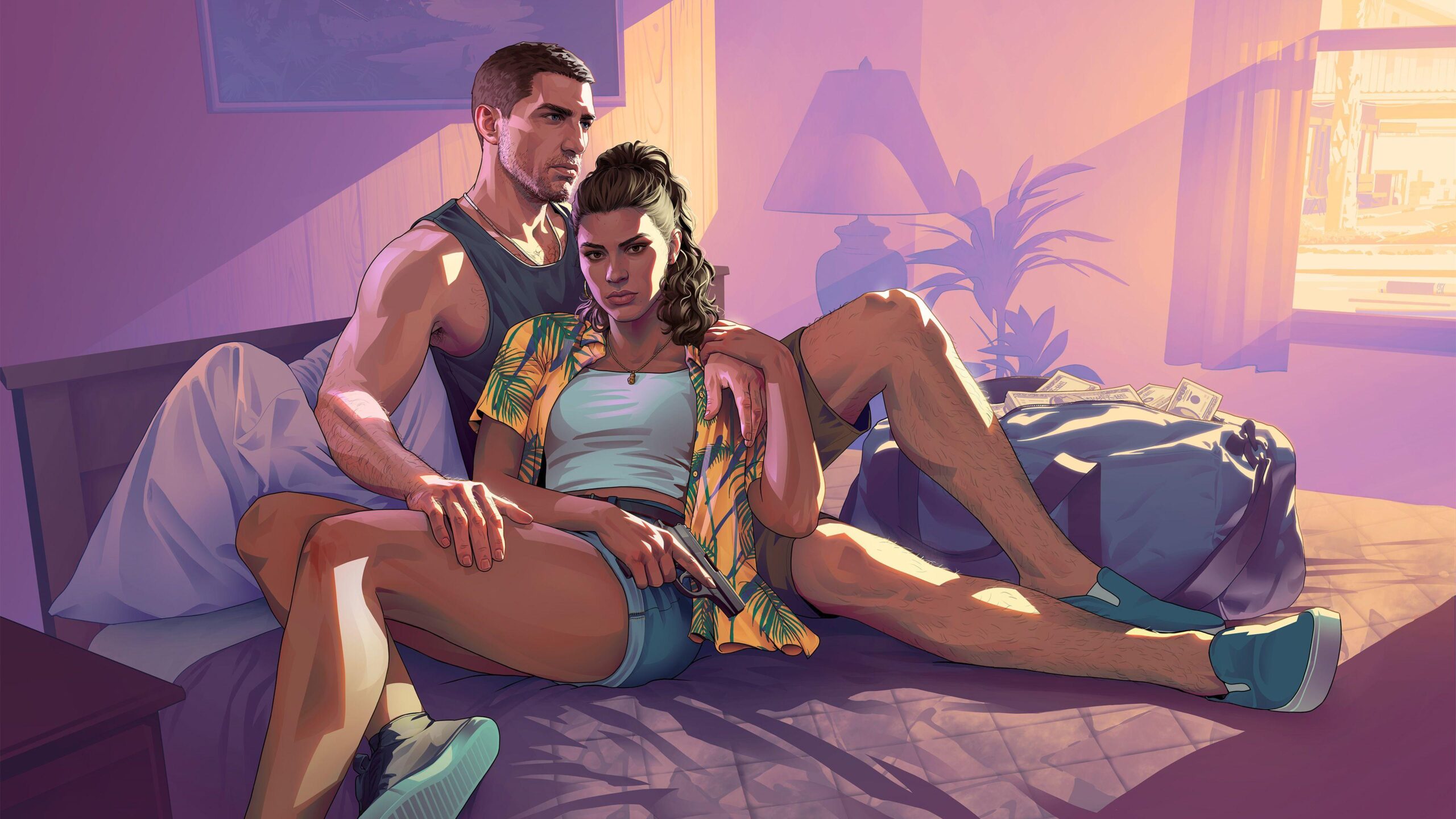 A hand-drawn picture shows a man and woman on a bed in a motel room bathed in the glow of sunset. He sits upright, his back against the headboard, resting his hand on the thigh of the woman, who is reclining against him. One hand is draped across her lap, holding a pistol, while the other reaches up to hold the man's wrist. A large duffel bag with wads of banknotes spilling out is next to them on the bed.
