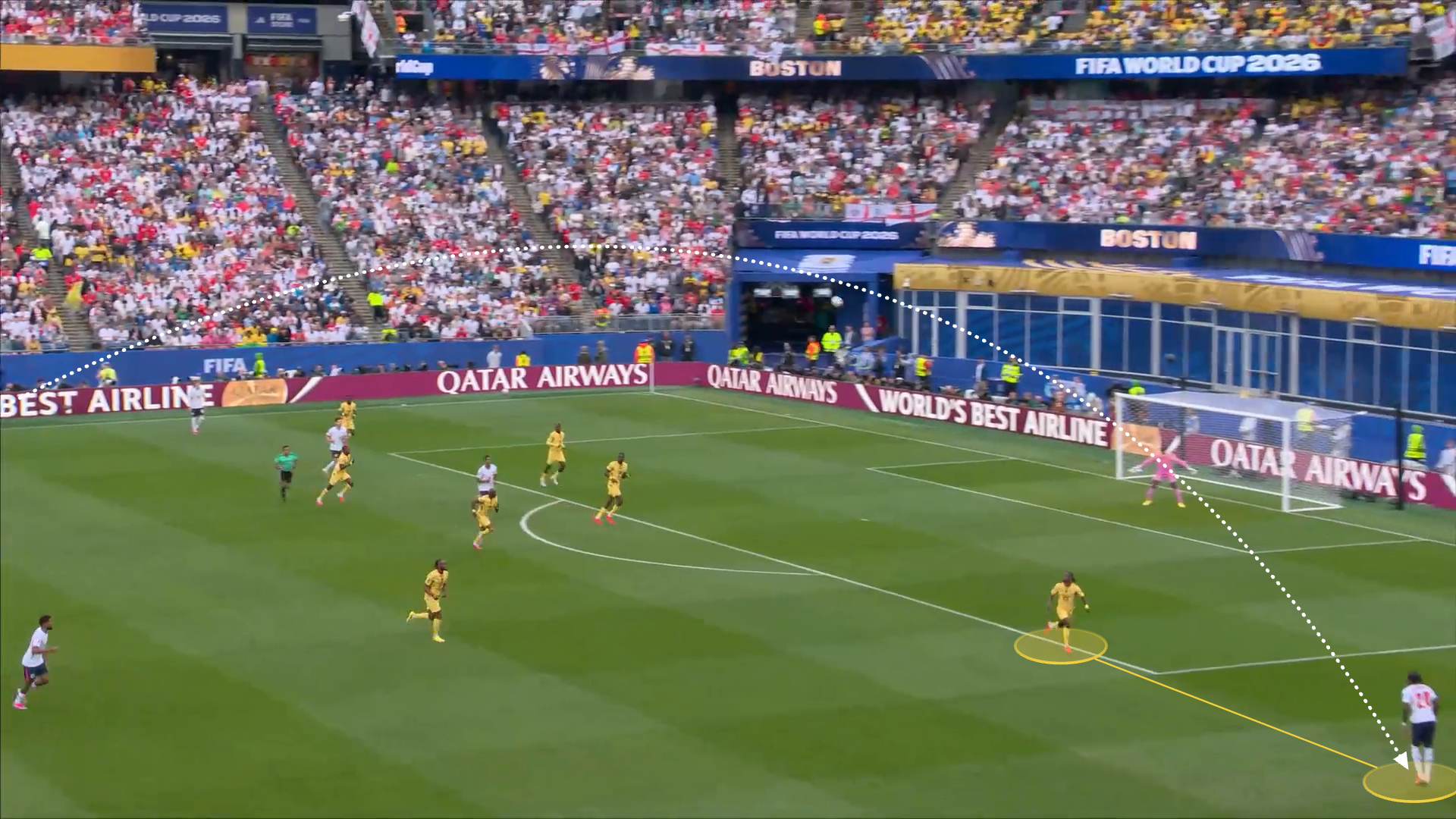 Screen grab of a chance created by England against Ghana. The ball, in the air, is switched from the left side of the pitch to the right winger. The trajectory of the ball is shown with a curved arrow.
