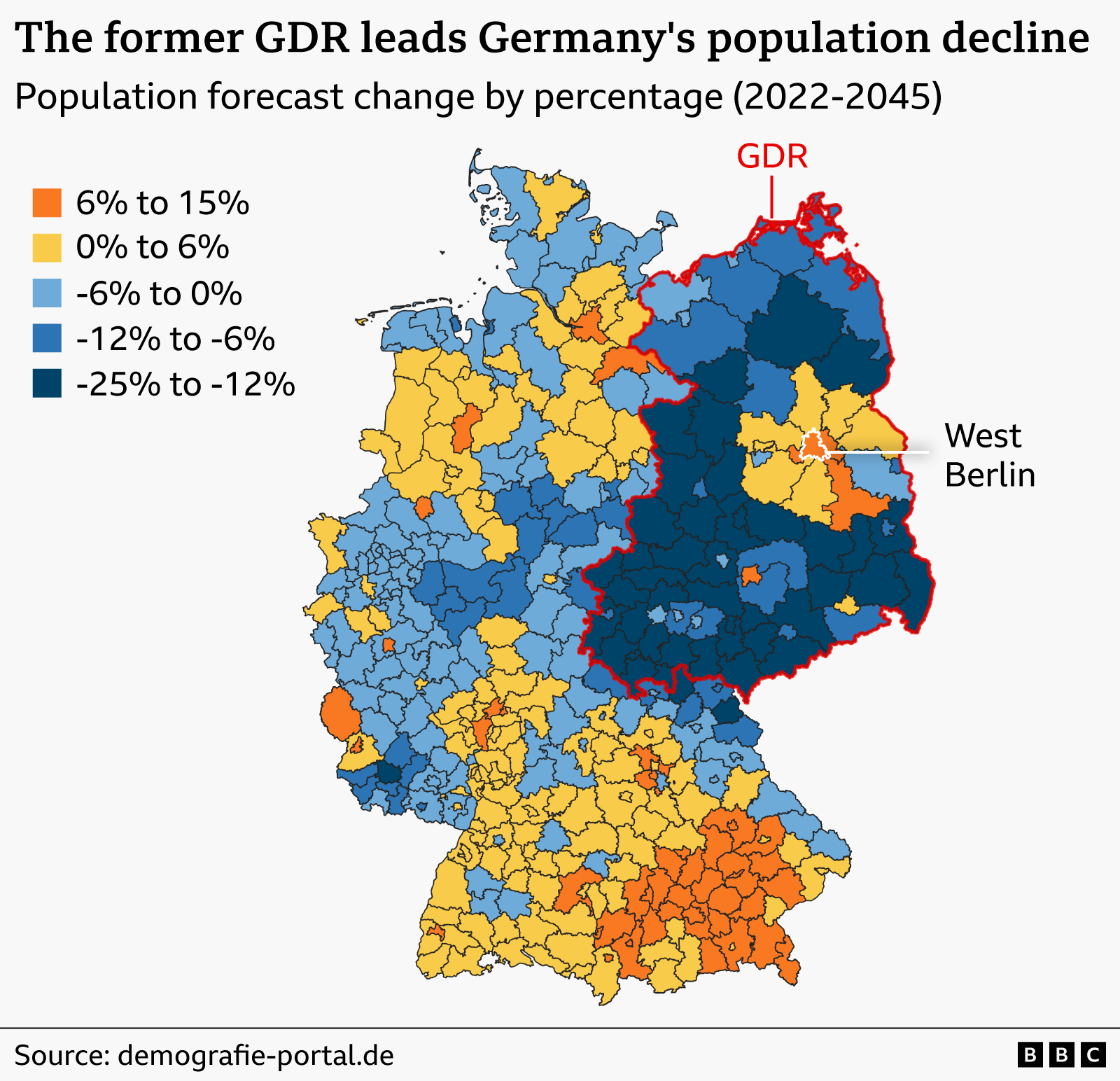 A map showing the most serious population decline is happening in the east of Germany