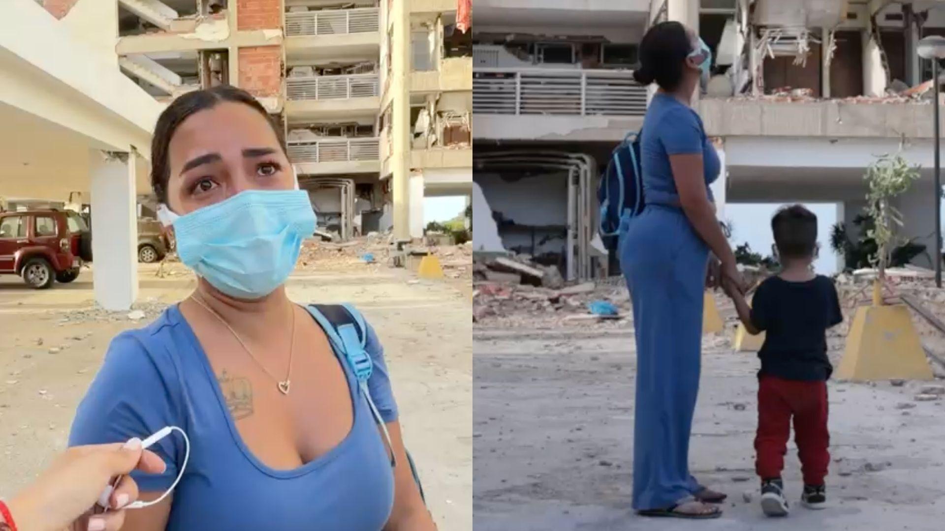 Two photos: the one on the left shows Alexandra Gabino wearing a face mask and a blue shirt. The other shows her in a full-body shot, seen from the side, holding the hand of her young son, who has his back to the camera. They are standing in front of the ruins of a building.
