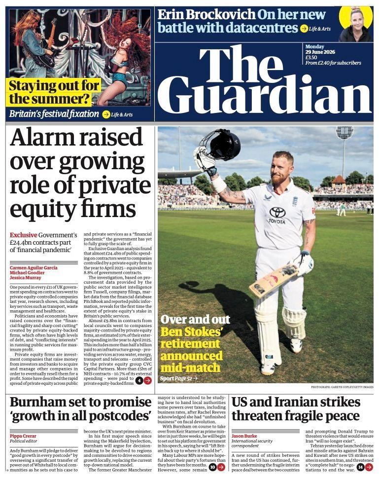 "Alarm raised over growing role of private equity firms" reads the headline on the front page of the Guardian.