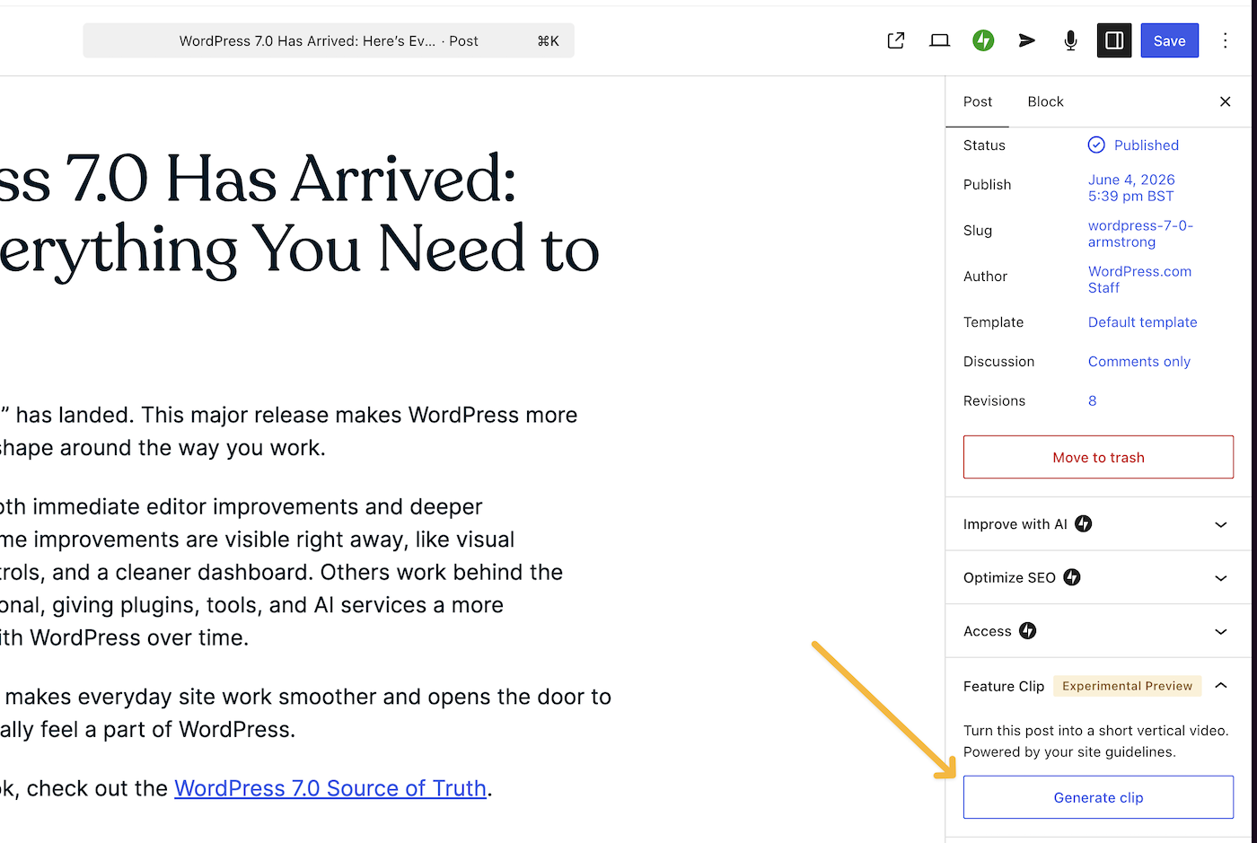 Screenshot of the Generate clip button in the WordPress post editor.