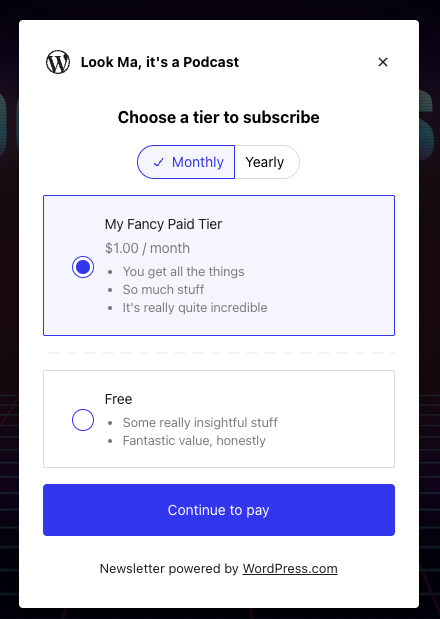 A subscription tier modal for a podcast