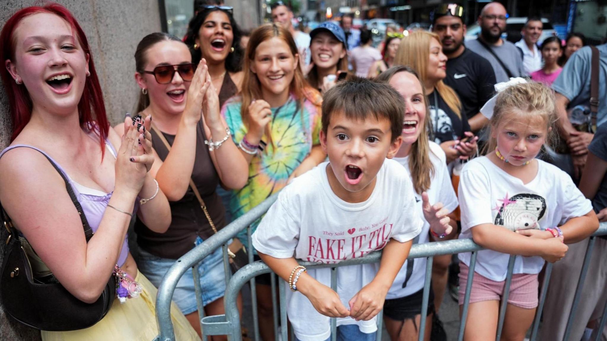 Taylor Swift fans gather outside of Madison Square Garden, the venue for the reported wedding celebrations of singer Taylor Swift and National Football League (NFL) player Travis Kelce, in New York, U.S., July 3, 2026.