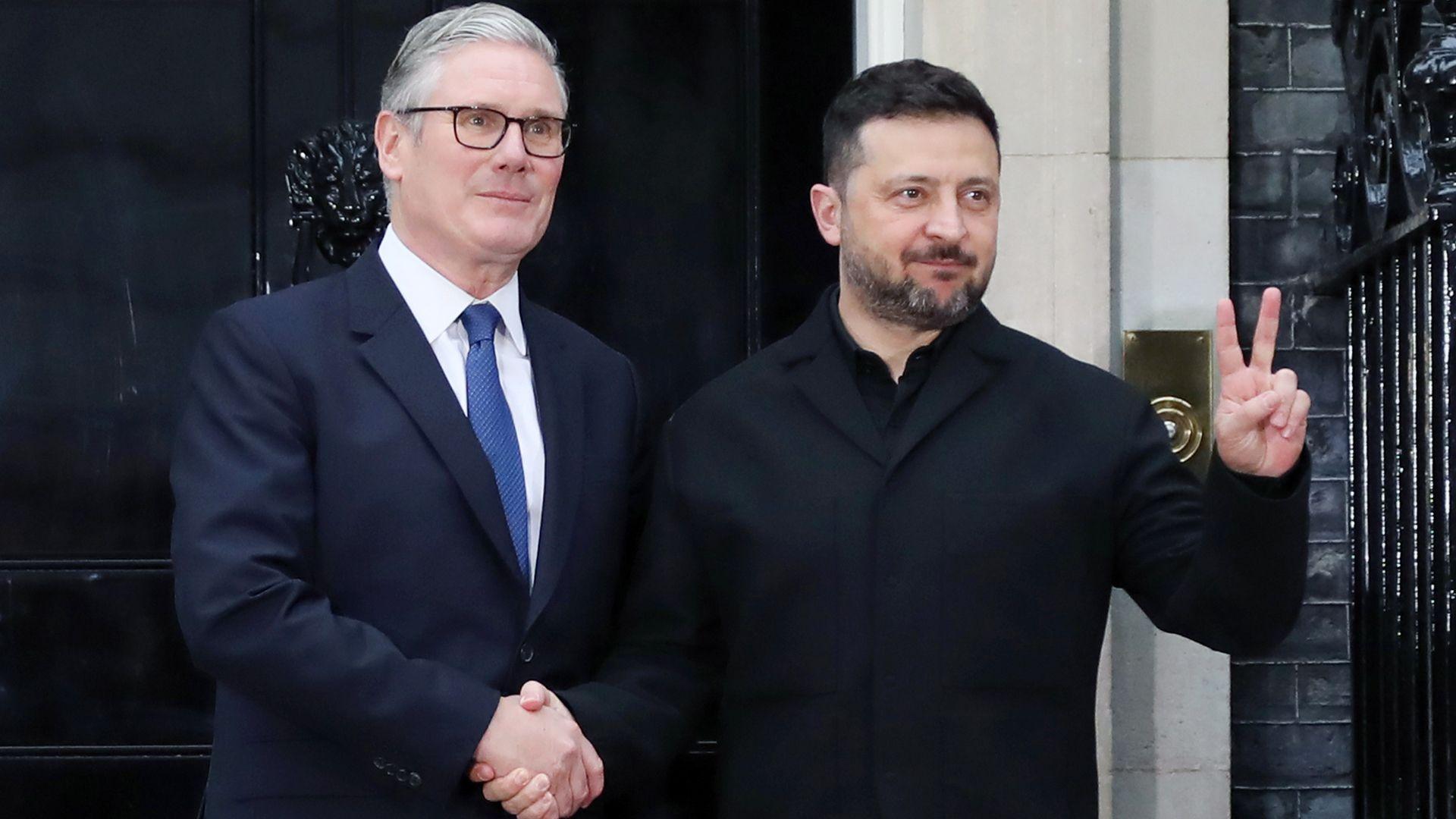 Britain's Prime Minister Sir Keir Starmer welcomes Ukrainian President Volodymyr Zelenskyy at Downing Street on June 7, 2026 in London, England.