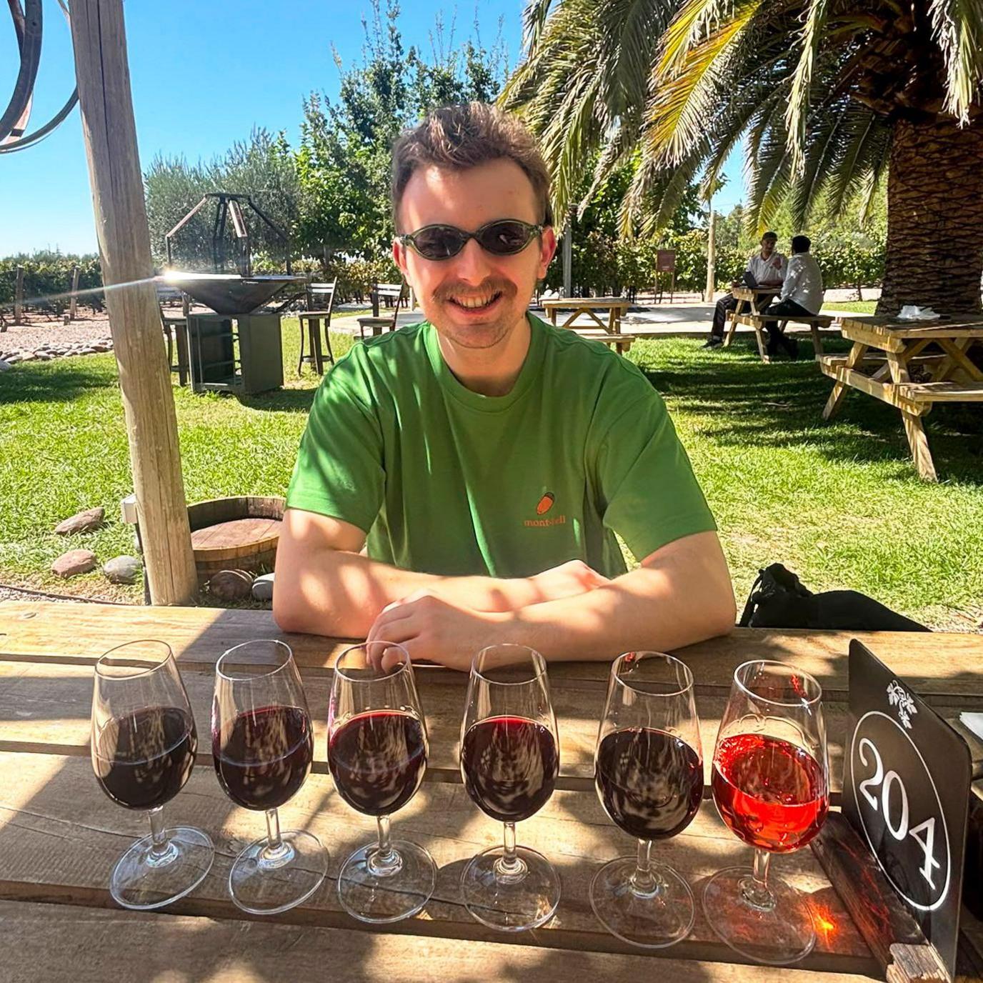 Six glasses containing wine are lined up across a wooden table in the foreground. A person wearing sunglasses and a green T-shirt is seated behind the glasses. Picnic tables, palm trees, grass and vineyard rows are visible in the background.