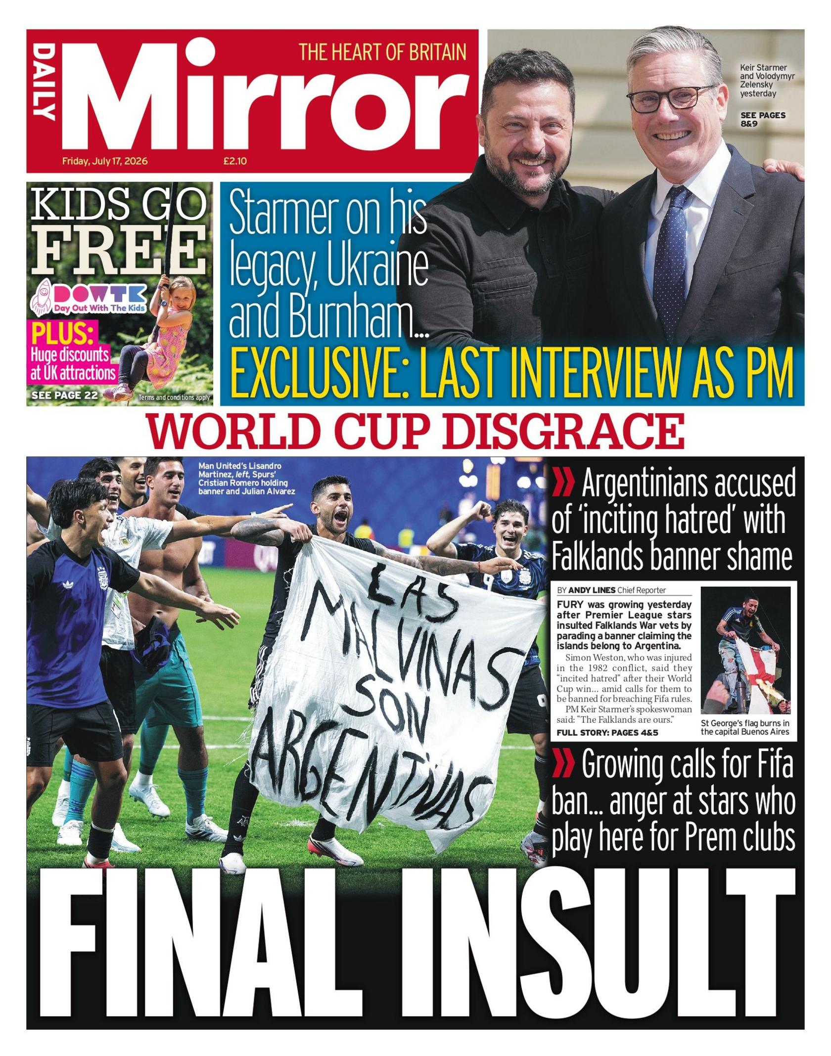 "World Cup disgrace: Final insult," reads the headline on the front page of the Daily Mirror.