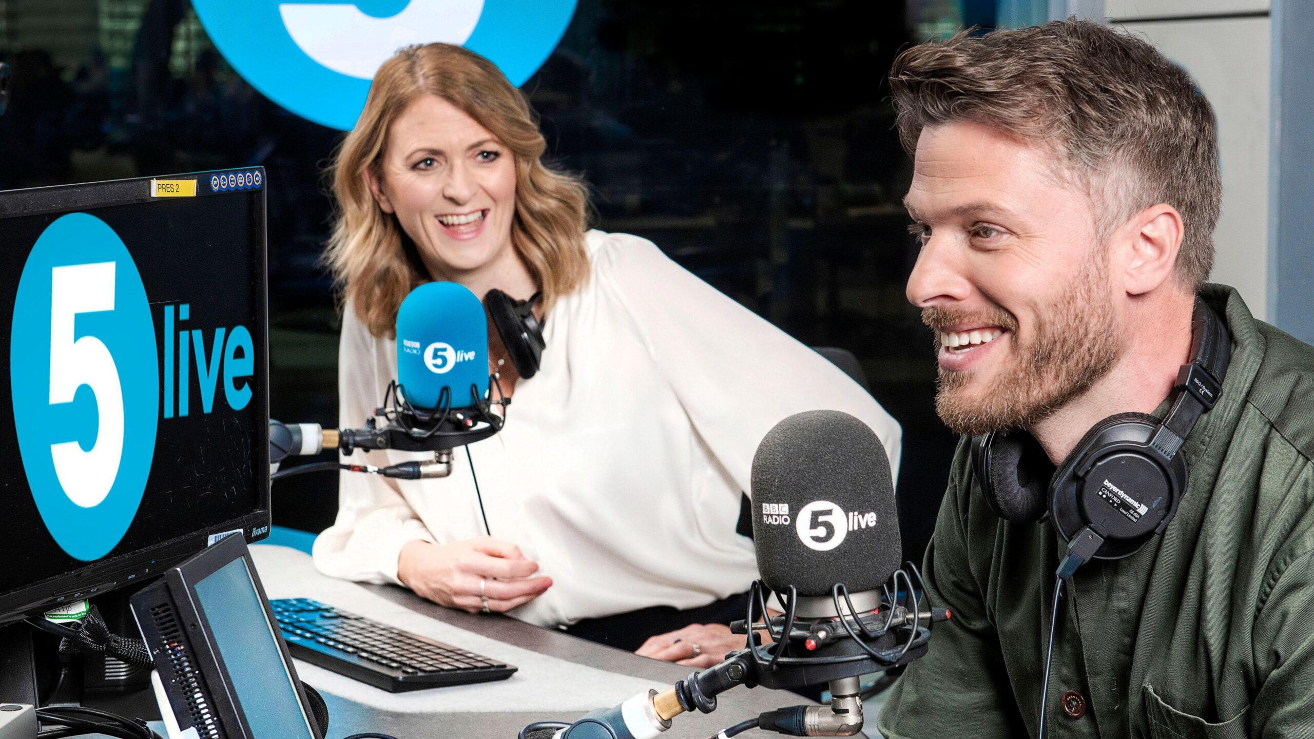 Rachel Burden and Rick Edwards in the 5 Live studio