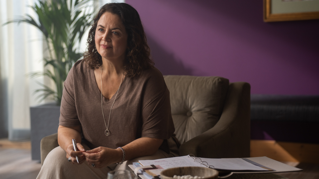 Actor Ruth Jones, seats in a chair with a file of papers on a desk and a pen in her right hand