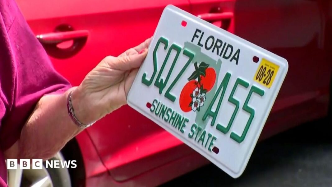 Elderly US woman shocked to receive racy new car licence plate Elderly US woman shocked to receive racy new car licence plate