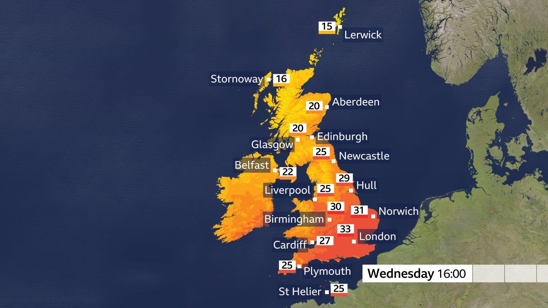 A weather map showing very high temperatures in the south-east of the UK on Wednesday