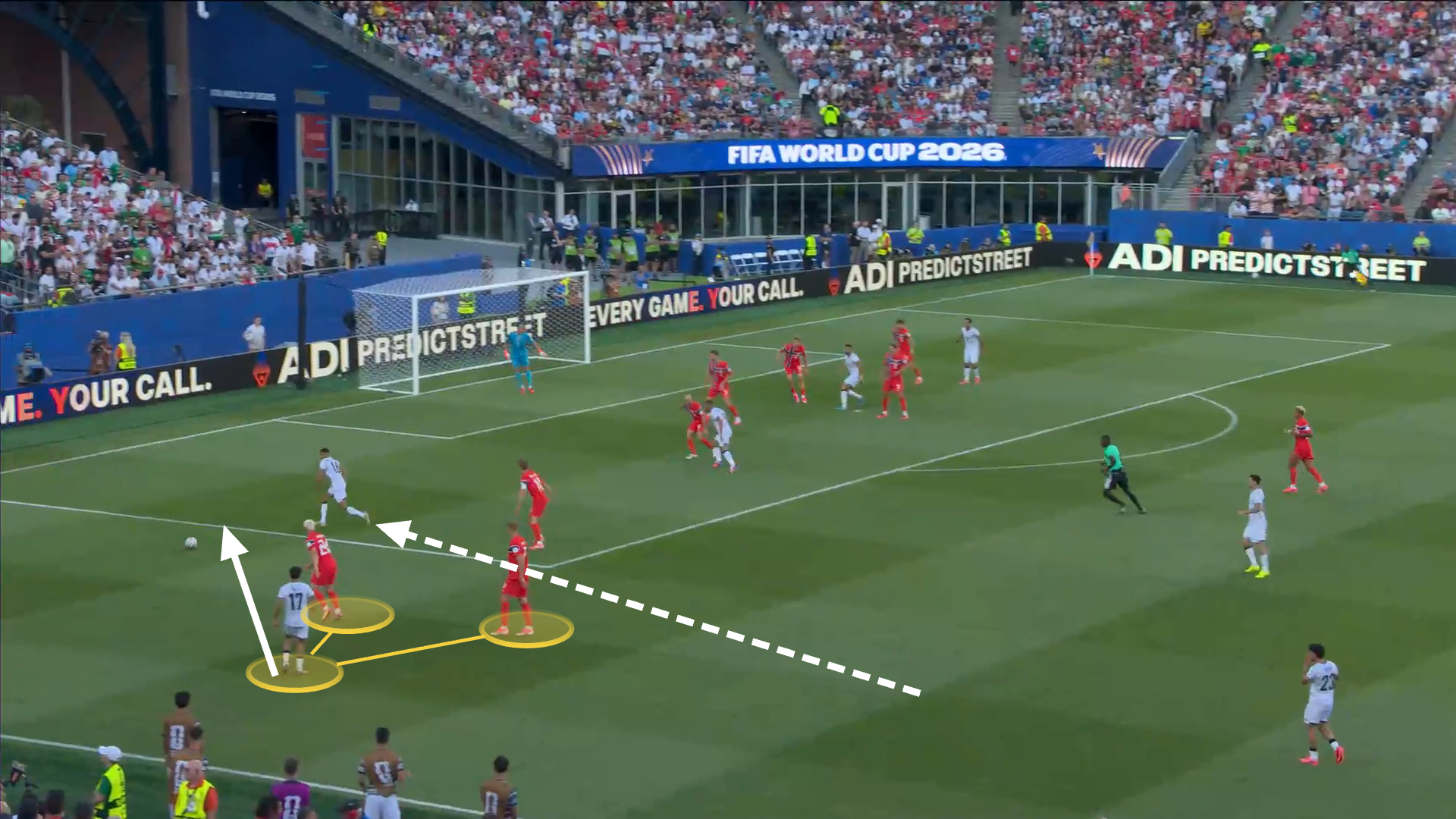 Screen grab from Iraq vs Norway showing Iraq's attack down the left for their goal.