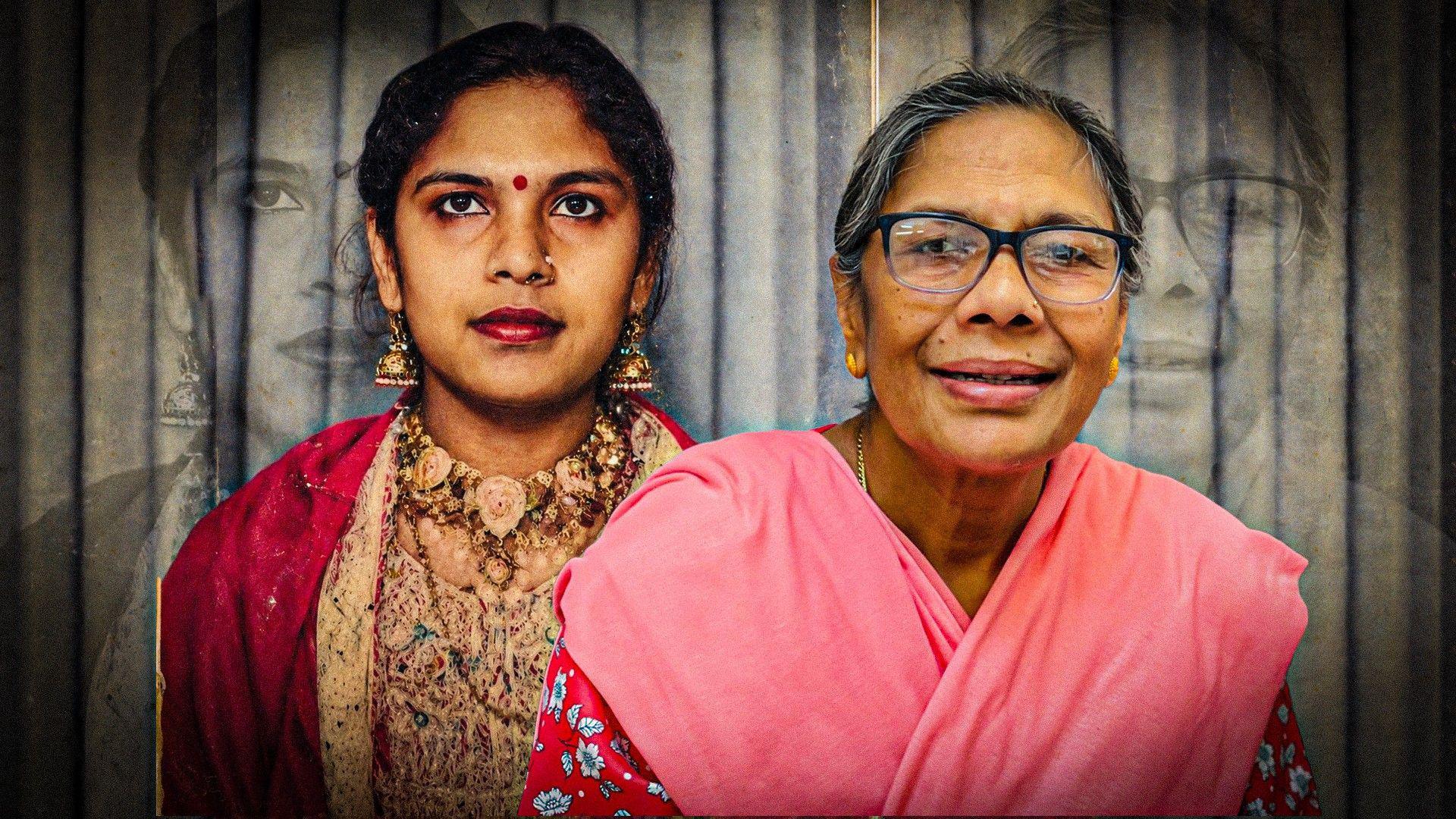 A younger version of the same woman stands beside her older self. The younger self wears a red and gold embroidered outfit with jewellery, while the older self wears glasses and a pink patterned top, with faint larger copies of both images behind them.