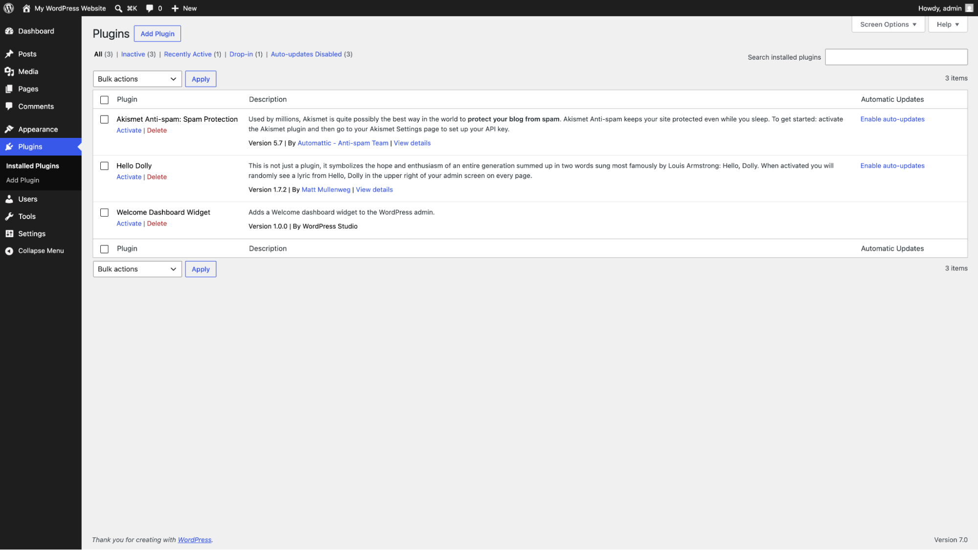 Screenshot of the WordPress dashboard plugin screen.