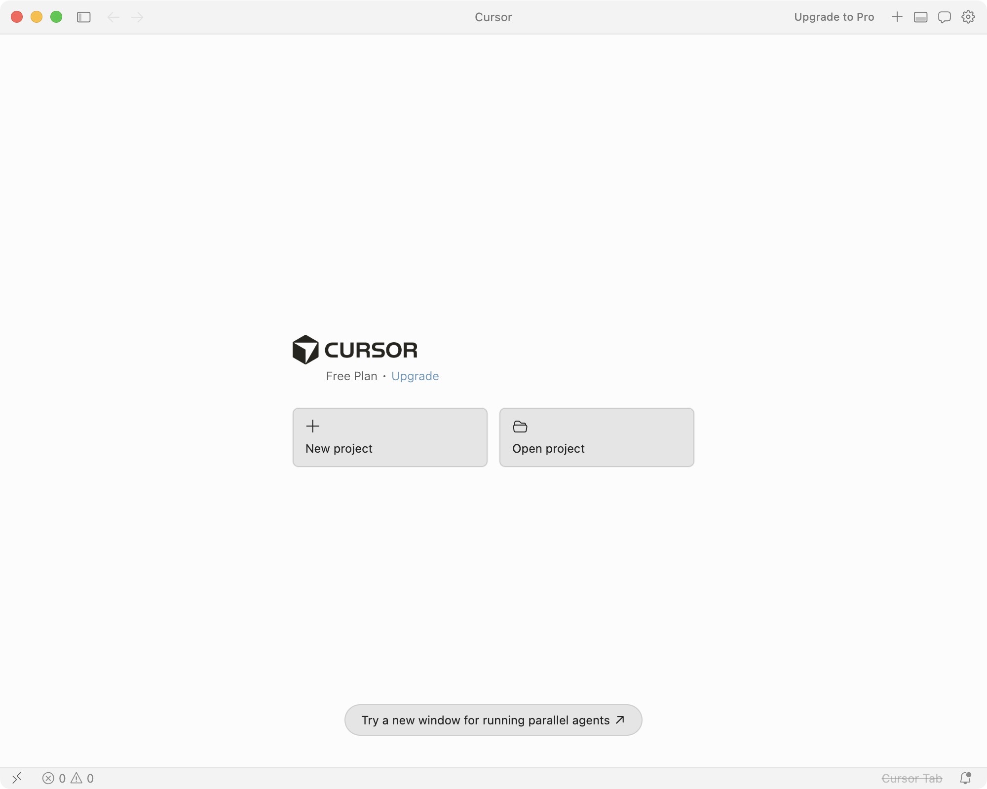 Screenshot of the Cursor new project screen.