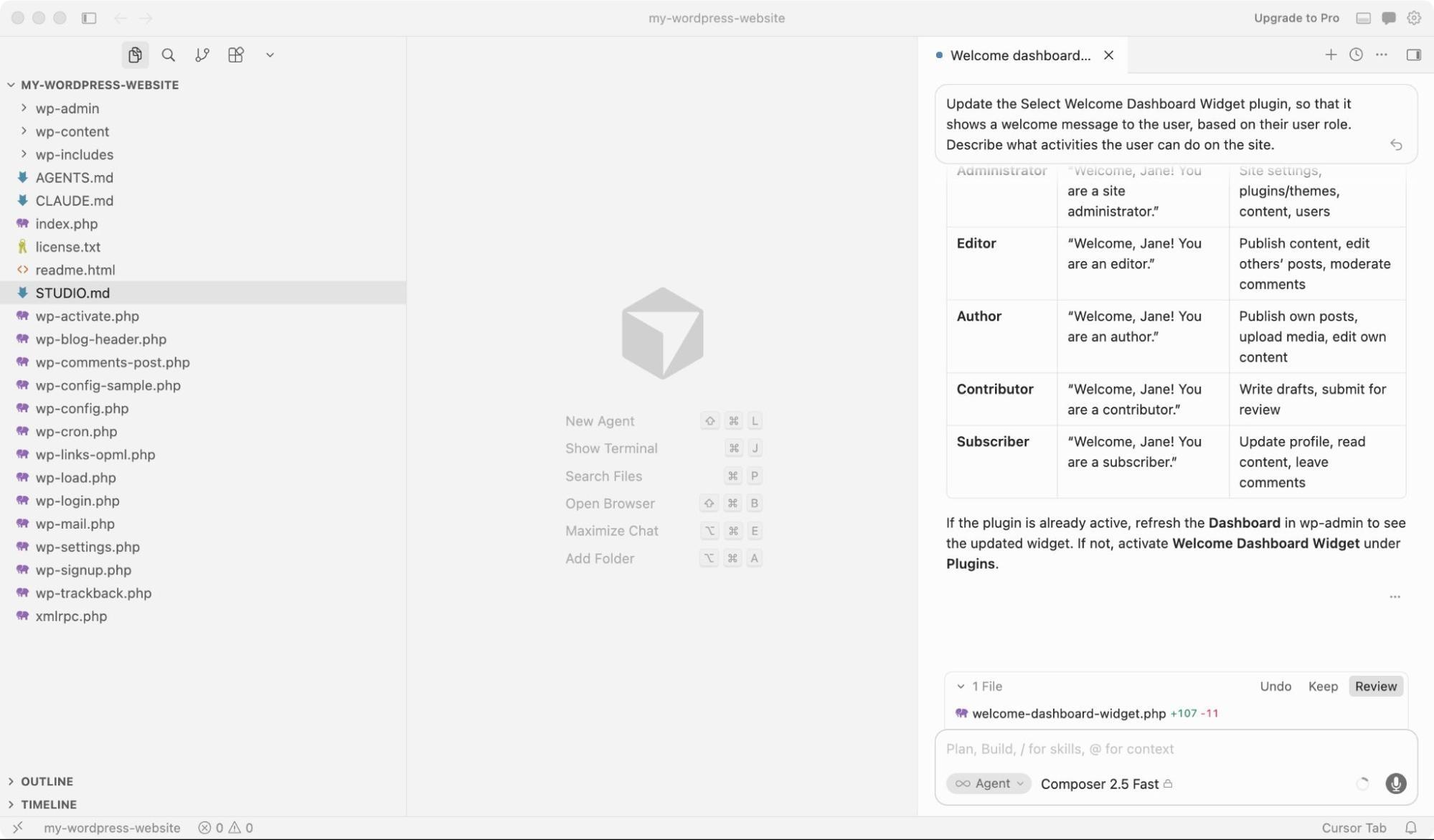 Screenshot of the Cursor interface.