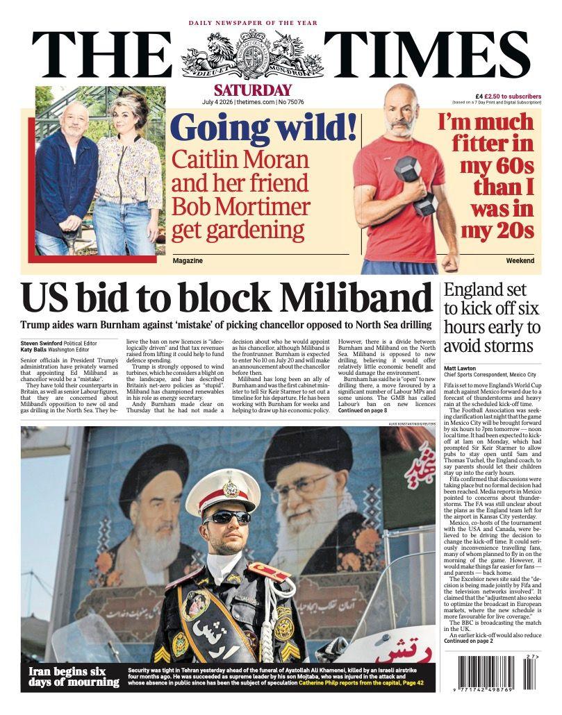 The headline on the front page of the Times reads: “US bid to block Miliband”.