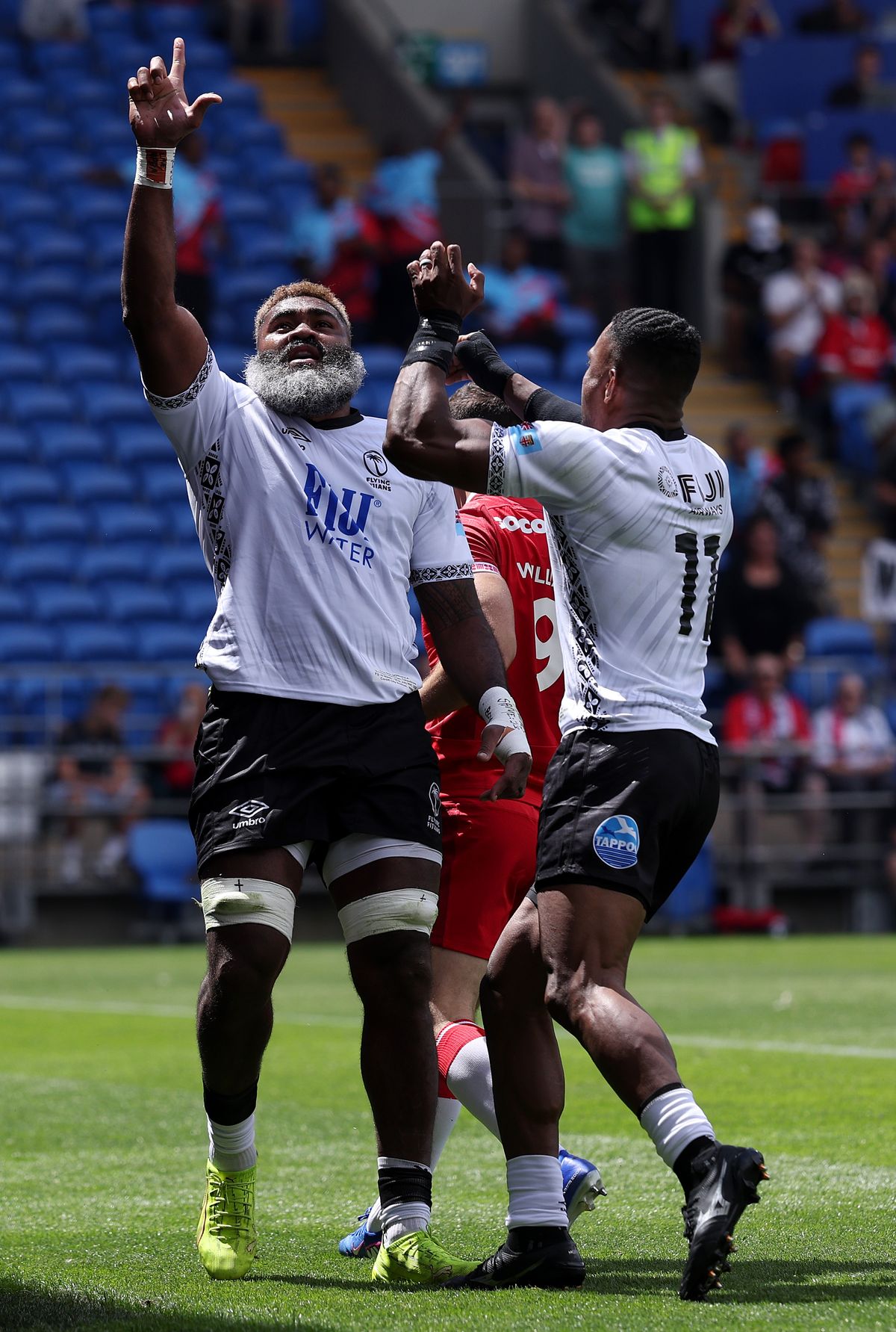 Pita-Gus Sowakula of Fiji celebrates scoring