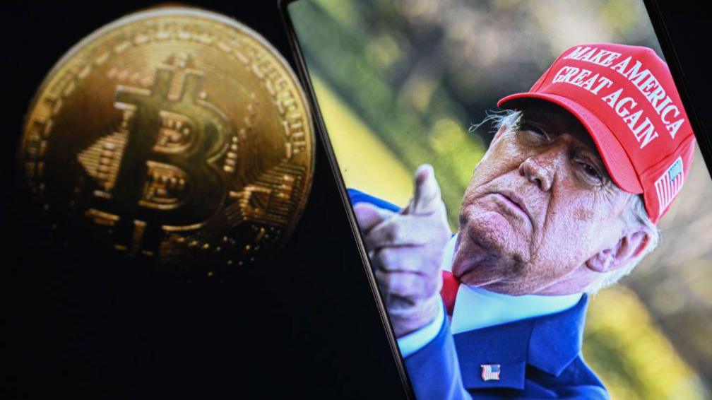 Trump is seen wearing a Make America Great Again hat. Another photo shows a picture of cryptocurrency