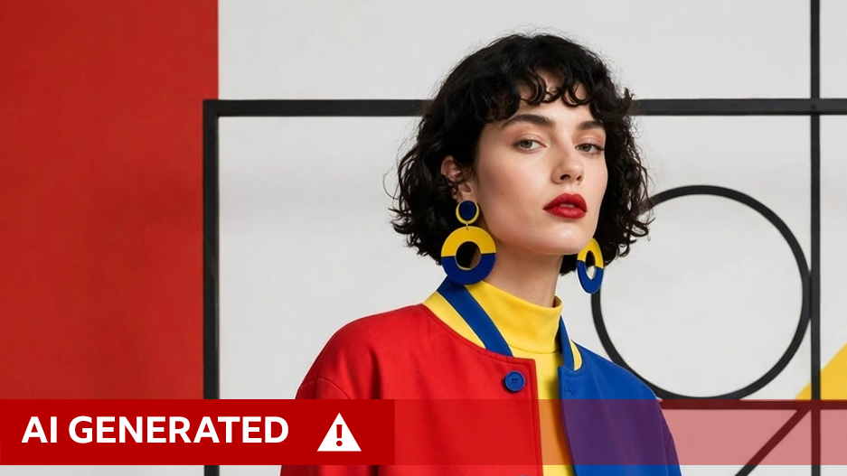 An AI-altered image generated using Muse Image of a woman against a Bauhaus art background and wearing red blue and yellow, with black curly hair