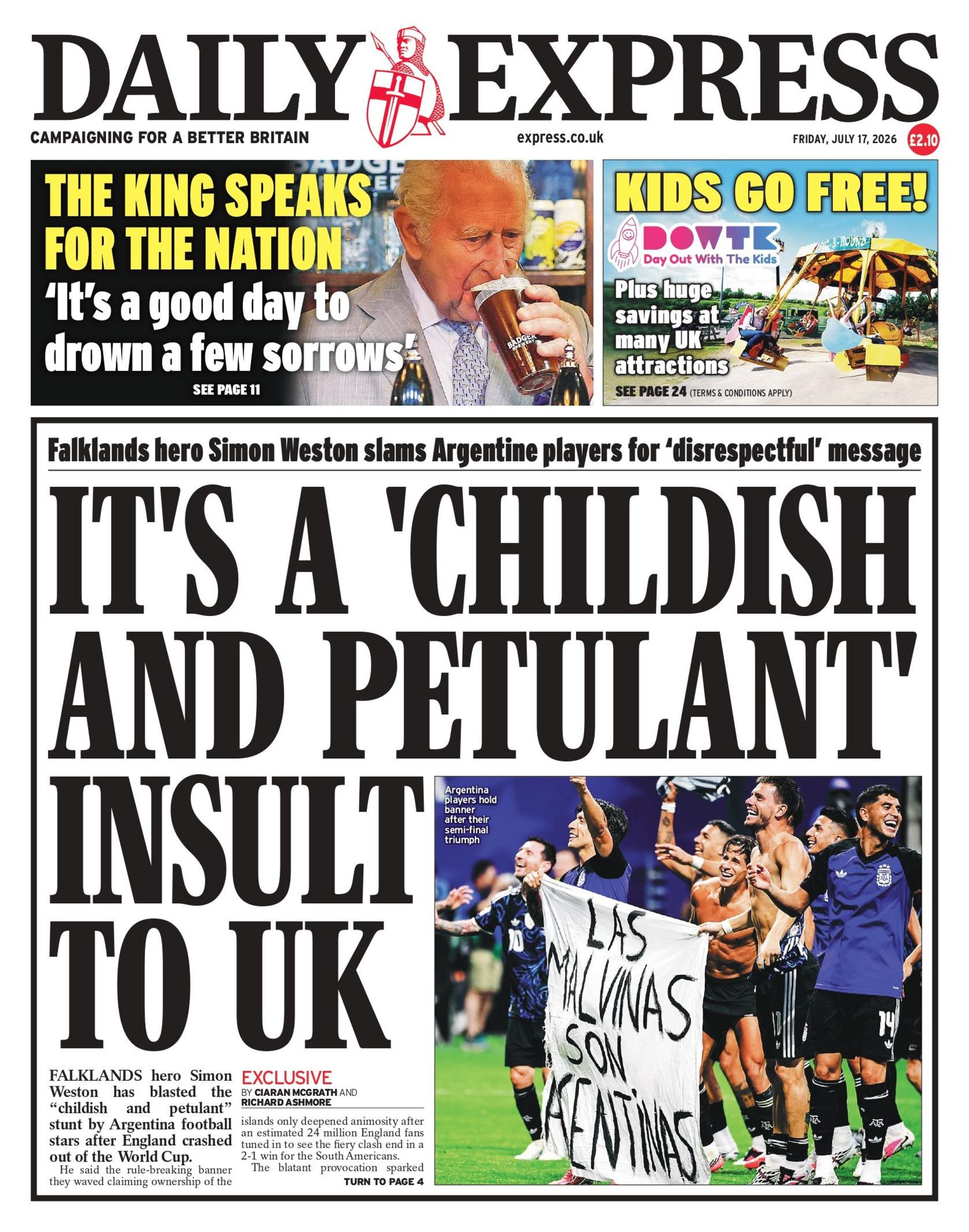 "It's a 'childish and petulant' insult to UK," reads the headline on the front page of the Daily Express.