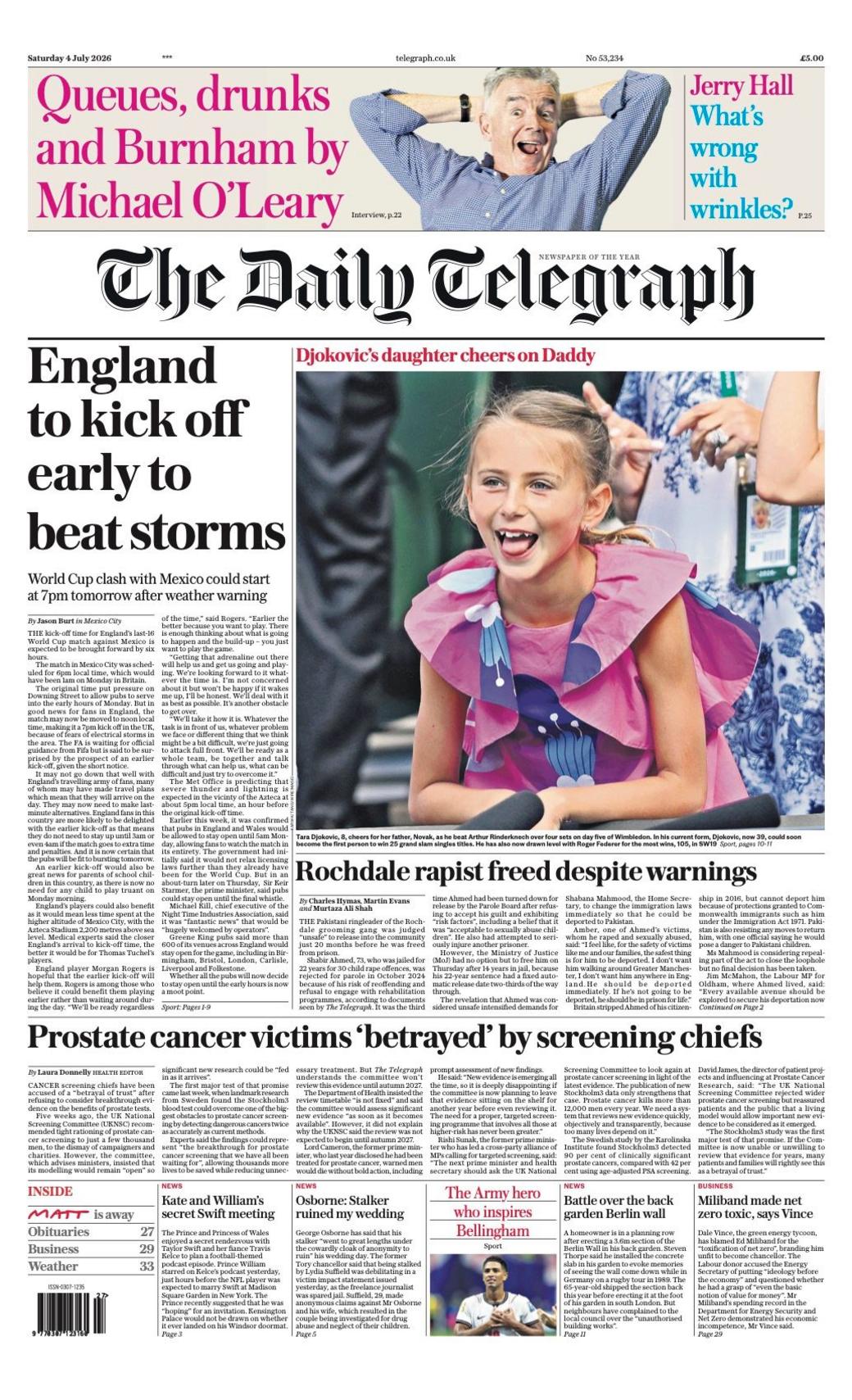 The headline on the front page of the Daily Telegraph reads: “England to kick off early to beat storms”.