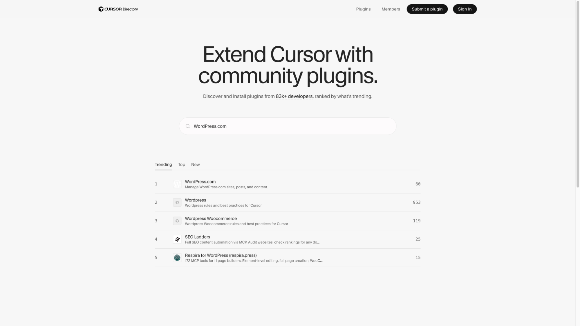 Screenshot of the Cursor plugin directory.