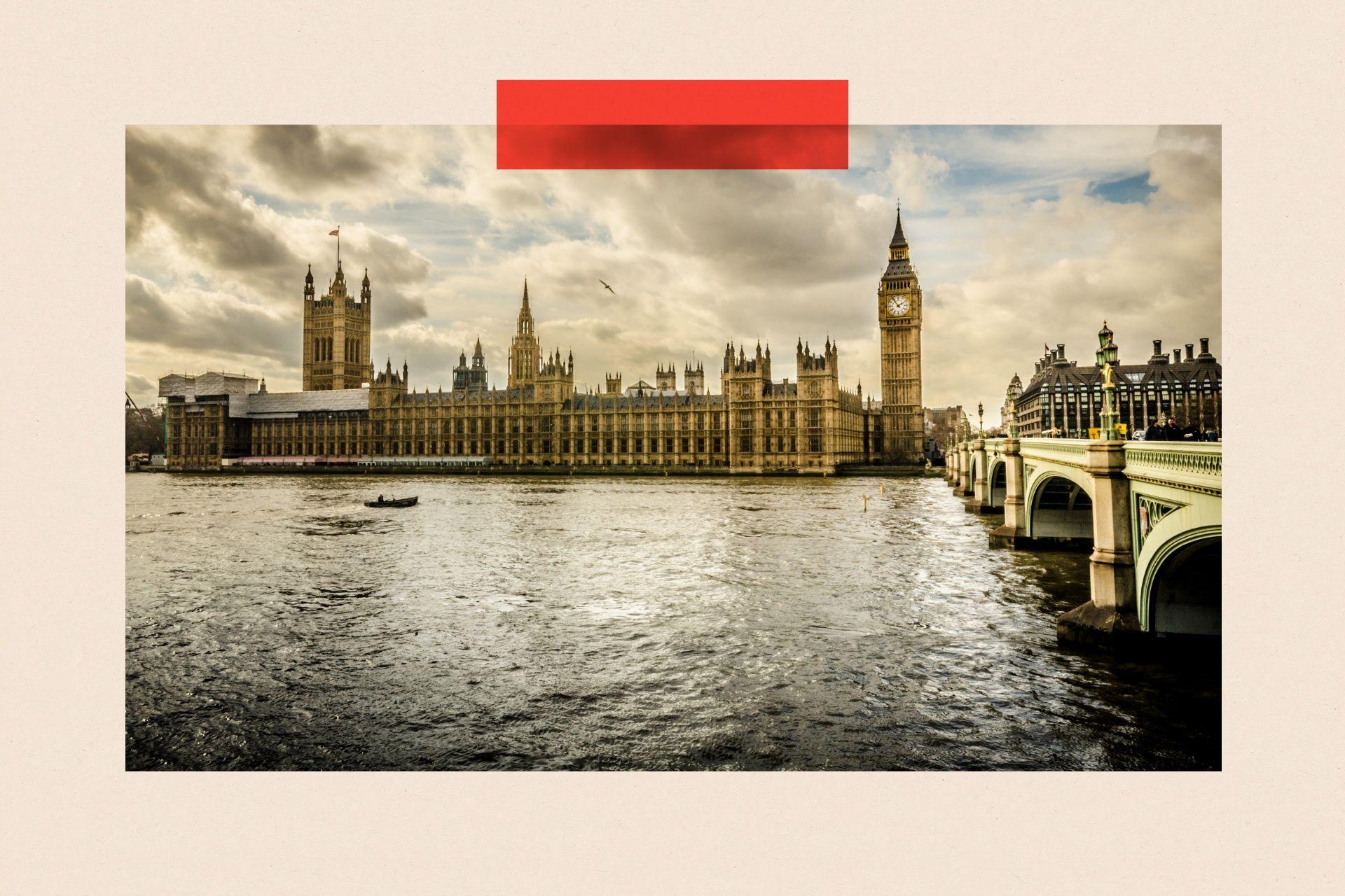 General view of the Houses of Parliament in London, with grey skies