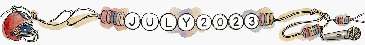 Watercolour-style illustration of a colourful wrapped beads threaded on a cord spelling "JULY 2023"