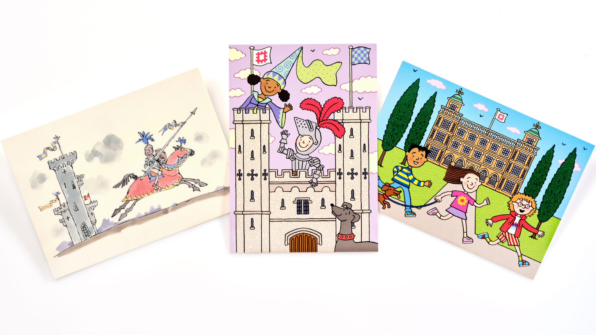 Three postcards arranged next to each other. On the left is an illustration of a knight with a lance riding a horse past a tall tower. In the middle is a more cartoonish and brightly coloured illustration of a knight, a princess and a dog in a castle. On the right, three children run past the front of a palace.