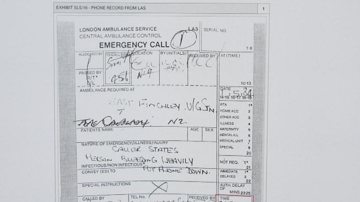 A handwritten London Ambulance Service emergency call form from 1984. It records the location as East Finchley station, the caller stating a person was "bleeding heavily", the note "put phone down — no number given", and a time of 0027.