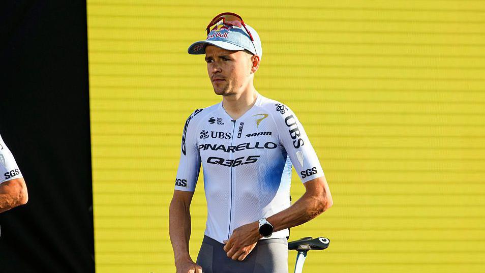 Tom Pidcock at the Tour de France Pinarello Q36.5 team presentation