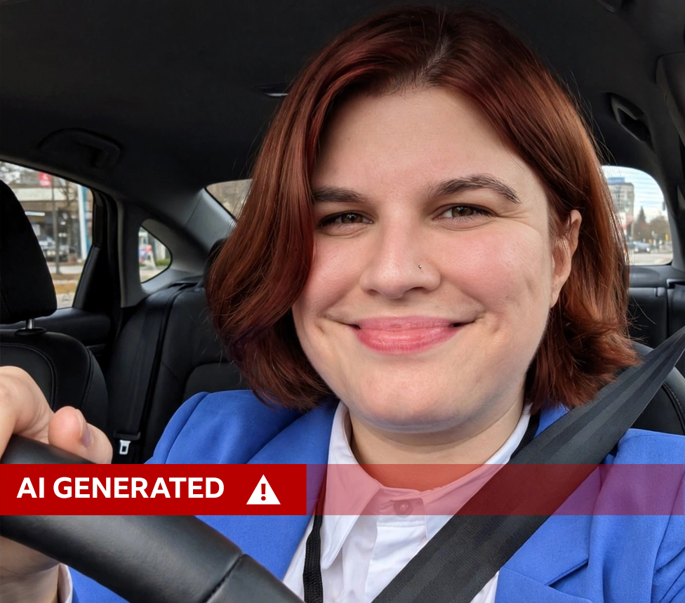 An AI-altered image generated using Muse Image showing Laura Cress in a blue jacket and white shirt driving a car.