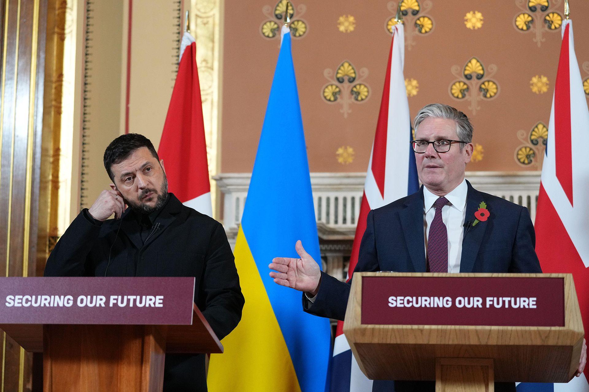 Prime Minister Sir Keir Starmer and Ukraine's President Volodymyr Zelensky speaking to the media following a meeting with the Coalition of the Willing allies at the Foreign, Commonwealth and Development Office (FCDO) in Westminster, London