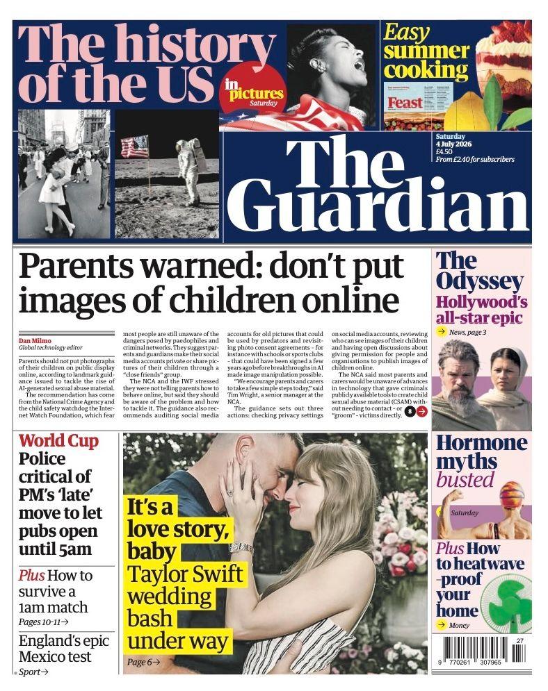 The headline on the front page of the Guardian reads: “Parents warned: don't put images of children online”.