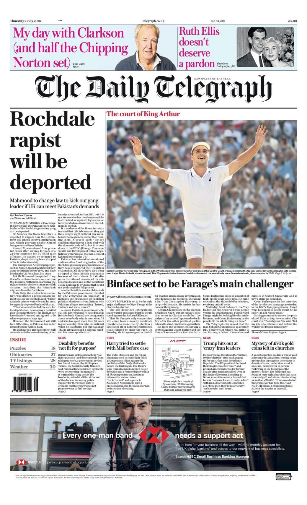 The headline for the front page of the Daily Telegraph reads: 'Rochdale rapist will be deported.'