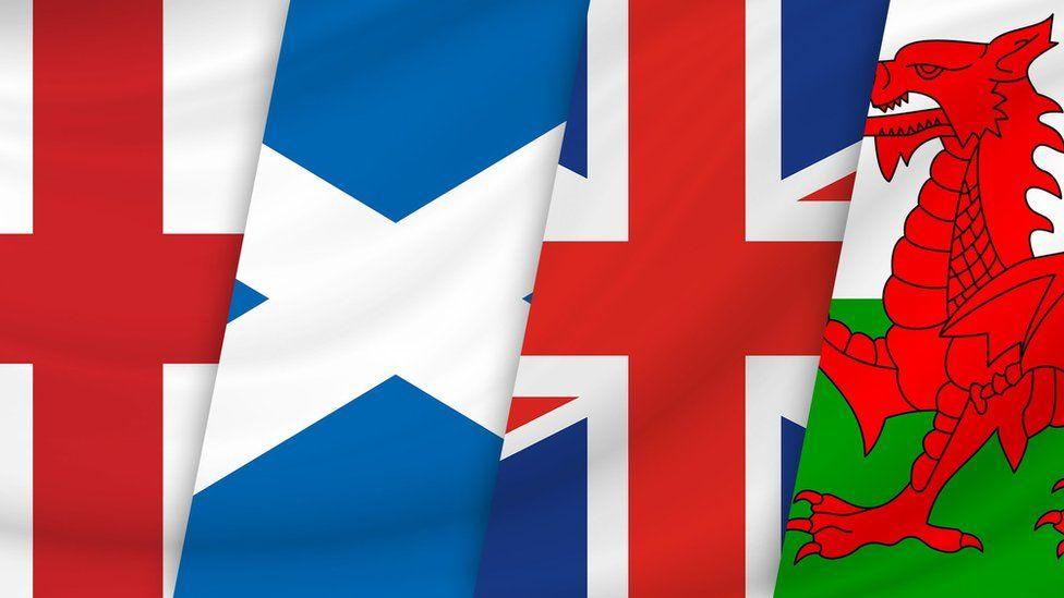 A stylised image showing parts of the flags of England, Scotland, the UK and Wales