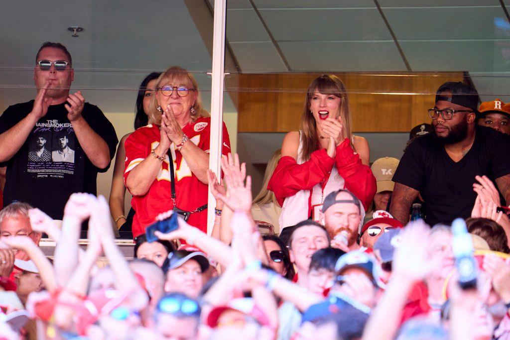 Taylor Swift cheers from a suite with Donna Kelce as the Kansas City Chiefs play the Chicago Bears during the first half at GEHA Field at Arrowhead Stadium on September 24, 2023 in Kansas City, Missouri