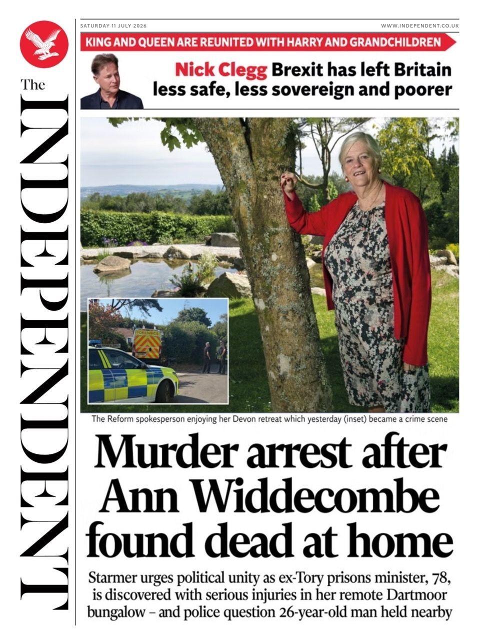 "Murder arrest after Ann Widdecombe found dead at home," reads the headline on the front page of the Independent.