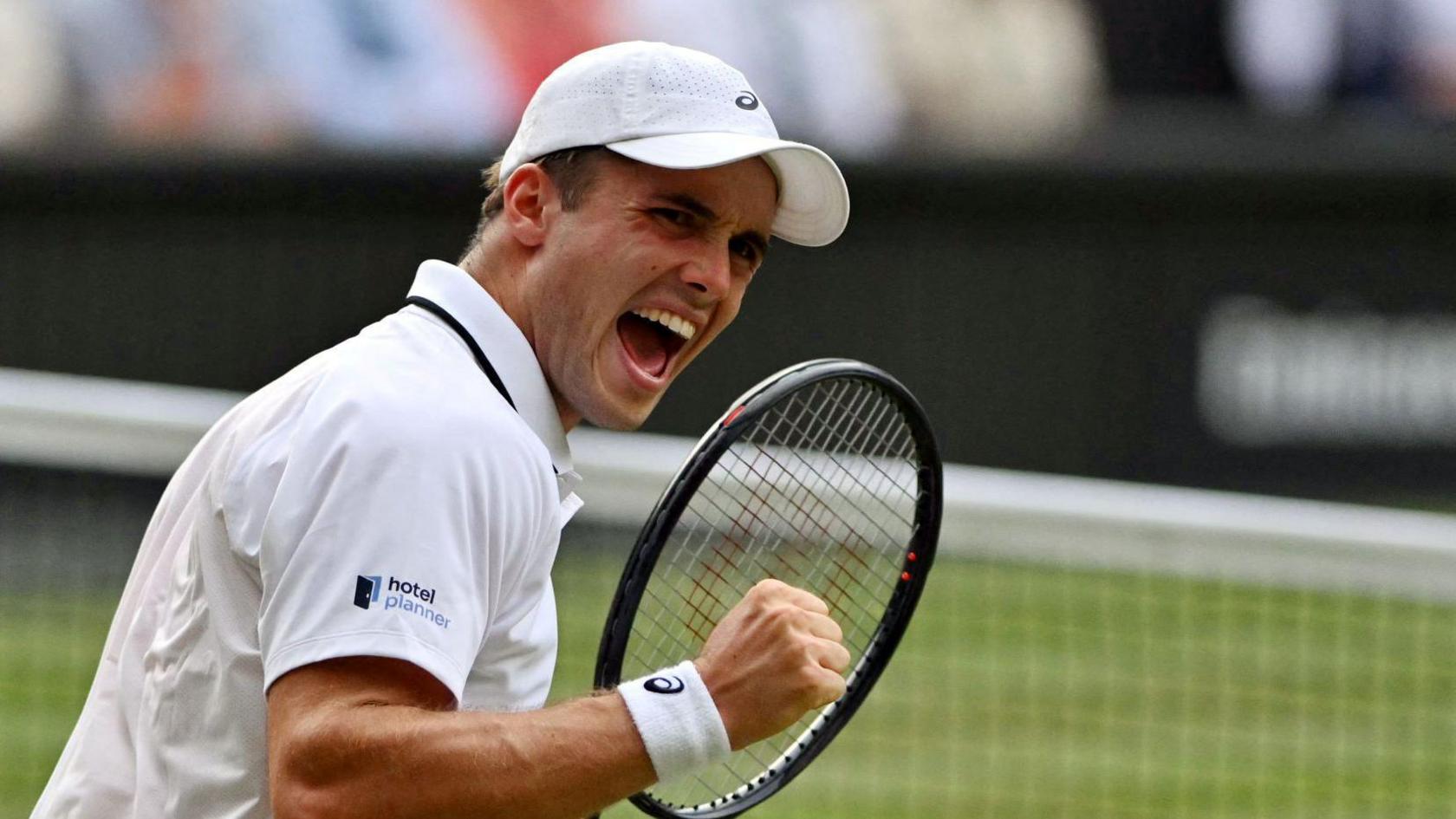 Arthur Fery celebrates at Wimbledon