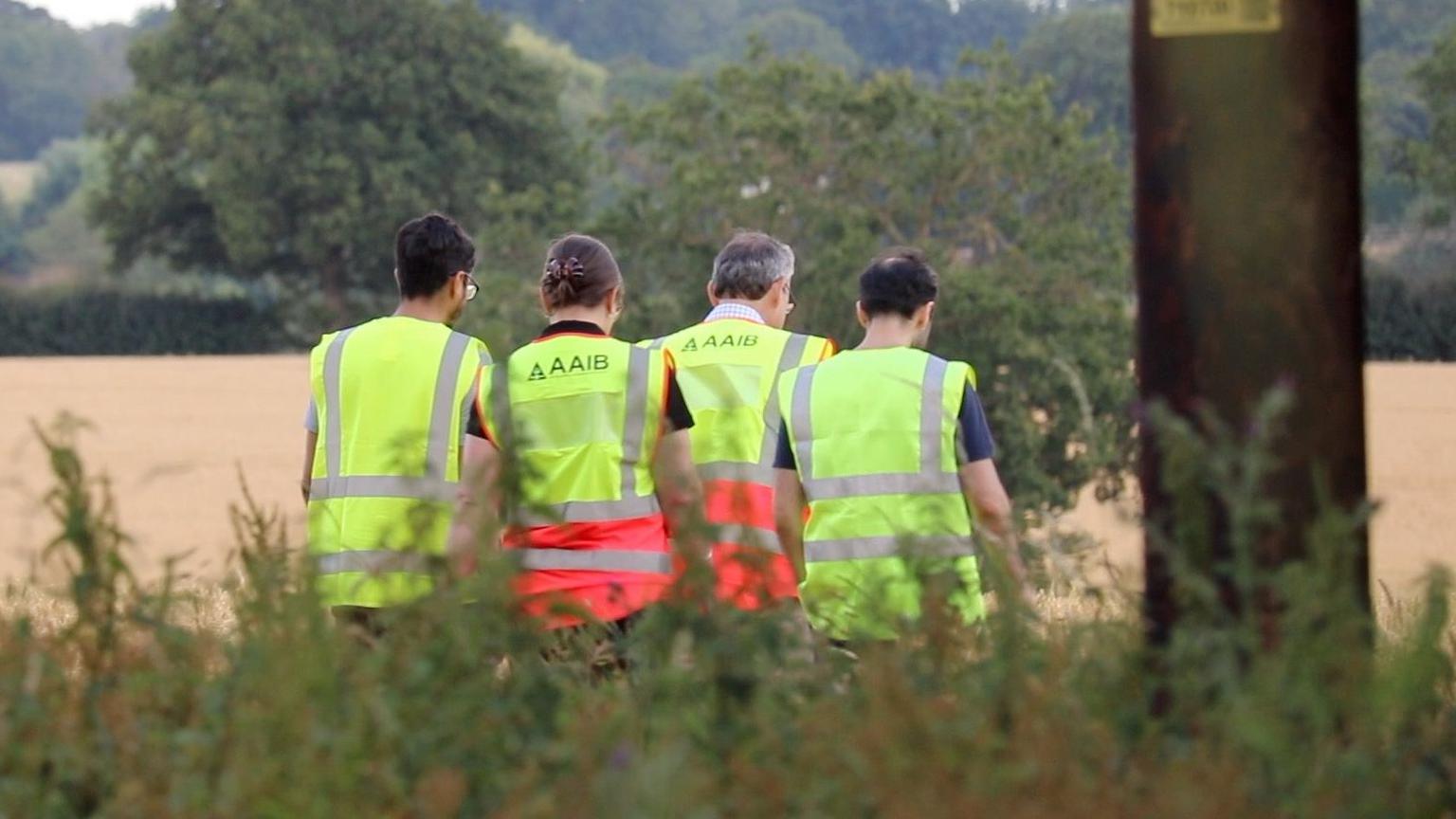Four investigators wearing hi-vis vests while looking at something in a field. They walk away from the camera. In the foreground is green foliage.